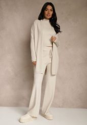 Beżowy Komplet z Dzianiny z Wiskozą Spodnie Bluzka ze Stójką i Kardigan Vetisene. Brązowe kardigany damskie Renee, l, bez wzorów, z dzianiny, bez kołnierzyka. Za 189.99 zł.