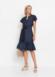 Sukienka dżinsowa. Niebieskie sukienki damskie bonprix, bez wzorów, z bawełny, bez kołnierzyka, bez ramiączek. Za 139.99 zł.