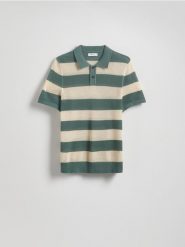 Ażurowy sweter polo - wielobarwny. Swetry męskie Reserved, l, w ażurowe wzory, z bawełny, bez kołnierzyka, bez ramiączek. Za 109.99 zł.