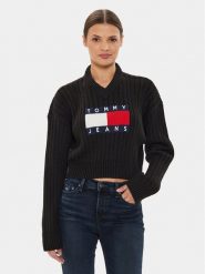 Tommy Jeans Sweter Center Flag DW0DW18528 Czarny Relaxed Fit. Czarne swetry nierozpinane damskie Tommy Jeans, xl, bez wzorów, z jeansu, bez kołnierzyka, bez ramiączek. W wyprzedaży za 289.99 zł.