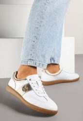 Biało-Złote Skórzane Sneakersy Klasyczne Tenisówki z Metalicznym Zdobieniem Marins. Białe trampki i tenisówki damskie Born2be, z aplikacjami, z jeansu, bez zapięcia. Za 159.99 zł.