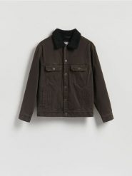 Jeansowa kurtka sherpa - brązowy. Brązowe kurtki męskie Reserved, l, bez wzorów, z denimu, bez kaptura. Za 239.99 zł.