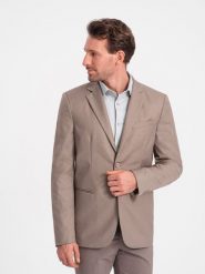Męska klasyczna marynarka z kieszenią na poszetkę - beżowa V3 OM-BLZB-0115 - XXL. Brązowe garnitury męskie Ombre Clothing, l, bez wzorów, z poliesteru, klasyczne. Za 309.99 zł.