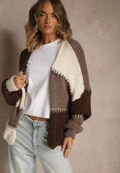 Beżowy Kardigan z Domieszką Wełny i Wiskozy w Patchworkowym Stylu Fesolinne. Brązowe kardigany damskie Renee, s, bez wzorów, z jeansu, bez kołnierzyka. Za 149.99 zł.