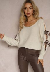 Beżowy Nietoperzowy Sweter z Moherem Ozdobiony Wiązaniami w Panterkowy Print Semitha. Brązowe swetry nierozpinane damskie Renee, bez wzorów, z jeansu, casualowe, bez kołnierzyka, bez ramiączek. Za 59.99 zł.
