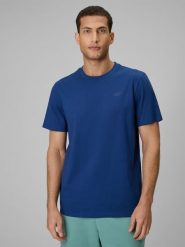 4F T-shirt regular gładki męski - granatowy M. Niebieskie t-shirty męskie 4F, m, bez wzorów, z materiału, bez kołnierzyka, bez ramiączek. Za 49.99 zł.
