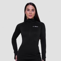 Bluza damska do biegania z kapturem czarna Pulse 1/2 Zip. Czarne bluzy damskie GYMBEAM, s, bez wzorów, z elastanu, bez ramiączek, z kapturem. Za 127.90 zł.