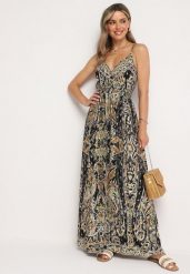 Czarno-Beżowa Wiskozowa Sukienka w Stylu Boho na Regulowanych Ramiączkach z Dekoltem w Serek Xalflea. Czarne sukienki damskie Born2be, na co dzień, na lato, l, bez wzorów, z jeansu, boho, bez kołnierzyka, bez ramiączek, maxi. Za 69.99 zł.