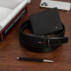 Zestaw prezentowy męski skórzany pasek portfel pudełko premium Beltimore Z49. Czarne portfele męskie bez wzorów. Za 100.99 zł.