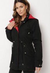 Czarno-Czerwona Dwustronna Kurtka Parka z Odpinanym Kapturem Ściągana Sznurkiem Camaria. Czarne kurtki damskie Born2be, l, bez wzorów, z materiału. Za 169.99 zł.