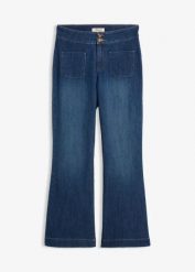 Jeansy dzwony ze średnim stanem. Niebieskie jeansy damskie bonprix, bez wzorów, z jeansu. Za 159.99 zł.