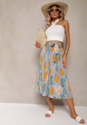 Jasnoniebieskie Spodnie Szwedy z Bawełną High Waist Wykończone Gumką w Talii Pasefia. Niebieskie spodnie materiałowe damskie Renee, bez wzorów, z bawełny, biznesowe, z podwyższonym stanem. Za 39.99 zł.