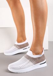Biało-Beżowe Buty Sportowe z Nadrukiem Obmre i Skarpetkową Cholewką Erinevia. Białe obuwie sportowe damskie Renee, bez wzorów, bez zapięcia, na fitness i siłownię. Za 44.99 zł.