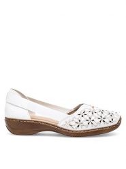 Rieker Półbuty 41356-80 Biały. Białe półbuty damskie Rieker, bez wzorów, ze skóry, bez obcasa, na płaskiej podeszwie, bez zapięcia. Za 179.99 zł.