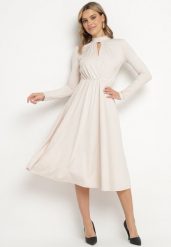 Beżowa Rozkloszowana Sukienka z Ozdobnym Wycięciem i Usztywnioną Linią Ramion Rivfedi. Brązowe sukienki damskie Born2be, na co dzień, l, bez wzorów, eleganckie, bez kołnierzyka, bez ramiączek, midi, proste. Za 139.99 zł.
