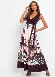 Długa sukienka z dekoltem w serek. Czarne sukienki damskie bonprix, bez wzorów, eleganckie, bez kołnierzyka, bez ramiączek, maxi. Za 159.99 zł.