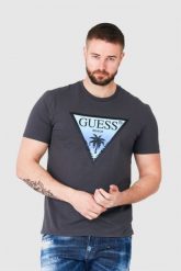 GUESS Grafitowy t-shirt męski z logo z palmą. Szare t-shirty męskie Guess, m, z aplikacjami, bez kołnierzyka, bez ramiączek. W wyprzedaży za 119.99 zł.