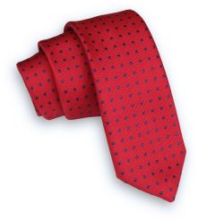 Krwisty Czerwony Klasyczny Męski Krawat -ALTIES- 6cm, w Granatowe Kropki, Groszki. Czerwone krawaty i muchy Alties, bez wzorów, z tkaniny, eleganckie. Za 49.00 zł.