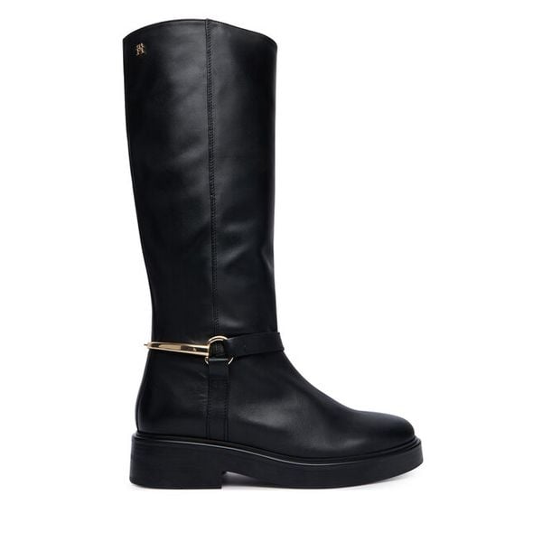 Oficerki Tommy Hilfiger. Czarne kozaki damskie Tommy Hilfiger, bez wzorów, bez obcasa, na płaskiej podeszwie, bez zapięcia. Za 1,299.00 zł.