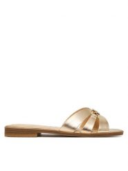 Guess Klapki FLJREA LEM19 Złoty. Żółte klapki damskie Guess, z aplikacjami, ze skóry, bez obcasa, bez zapięcia. Za 499.99 zł.