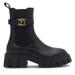 Botki Eva Minge. Czarne botki damskie Eva Minge, bez wzorów, bez obcasa, na słupku, bez zapięcia. Za 479.00 zł.