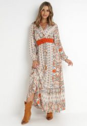 Jasnobeżowa Sukienka Rozkloszowana z Paskiem Nazene. Brązowe sukienki damskie Born2be, l, bez wzorów, z materiału, boho, bez kołnierzyka, bez ramiączek, maxi, kopertowe. Za 139.99 zł.