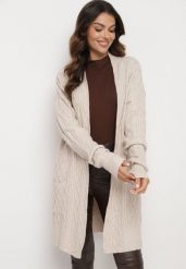 Beżowy Długi Nierozpinany Kardigan z Tłoczeniem Vaithnia. Brązowe kardigany damskie Born2be, bez wzorów, z jeansu, eleganckie, bez kołnierzyka. Za 149.99 zł.