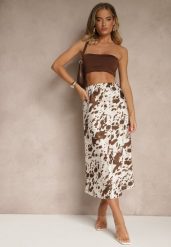 Brązowa Spódnica z Satynowej Tkaniny Zdobiona Krowim Printem Kolorea. Brązowe spódnice damskie Renee, na co dzień, l, z aplikacjami, z satyny, eleganckie, midi, oversize. Za 69.99 zł.
