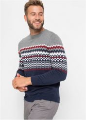 Sweter w norweski wzór, z bawełną. Szare swetry męskie bonprix, l, bez wzorów, z bawełny, bez kołnierzyka, bez ramiączek. Za 127.99 zł.