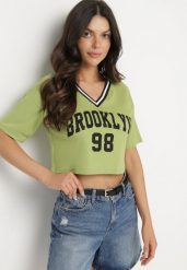 Zielony Bawełniany T-shirt z Napisem Nitanelia. Zielone t-shirty damskie Born2be, m, bez wzorów, z bawełny, bez kołnierzyka, bez ramiączek. Za 29.99 zł.