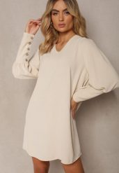 Jasnobeżowa Pudełkowa Sukienka z Rozkloszowanym Dołem i Bufiastymi Rękawami Kaimana. Brązowe sukienki damskie Renee, na imprezę, bez wzorów, eleganckie, bez kołnierzyka, bez ramiączek, mini, rozkloszowane. Za 69.99 zł.