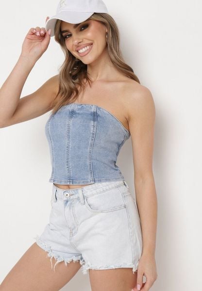 Niebieski Jeansowy Krótki Top Gorsetowy Efiloe. Niebieskie topy damskie Born2be, l, bez wzorów, z bawełny, eleganckie, bez kołnierzyka, bez ramiączek. Za 79.99 zł.