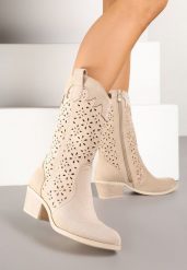 Ciemnobeżowe Botki Kowbojki na Słupku z Ażurową Cholewką Ravsemi. Brązowe botki damskie Renee, z aplikacjami, z jeansu, bez obcasa, na obcasie, bez zapięcia. Za 129.99 zł.