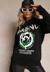 Czarna Bluza z Polarem i Nadrukiem Thalindra. Czarne bluzy damskie Renee, xl, bez wzorów, z dzianiny, eleganckie, bez ramiączek, z kapturem. Za 39.99 zł.