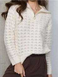 Ażurowy sweter chunky - kremowy. Białe swetry nierozpinane damskie Sinsay, l, w ażurowe wzory, bez kołnierzyka, bez ramiączek. Za 69.99 zł.