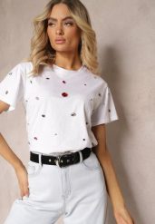 Biały T-shirt z Cyrkoniami w Różnych Kolorach Varcia. Białe t-shirty damskie Renee, m, bez wzorów, z jeansu, eleganckie, bez kołnierzyka, bez ramiączek. Za 44.99 zł.