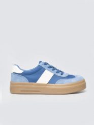 Sneakersy damskie ze skórzanymi wstawkami niebieskie TT274165 401. Niebieskie obuwie sportowe damskie BIG STAR, bez wzorów, z gumy, z okrągłym noskiem, bez zapięcia. Za 179.99 zł.