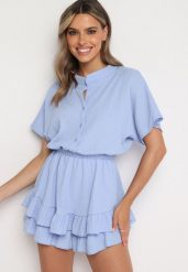 Niebieski Taliowany Kombinezon z Gumką w Pasie Timata. Niebieskie sukienki damskie Born2be, l, bez wzorów, eleganckie, bez kołnierzyka, bez ramiączek. Za 139.99 zł.