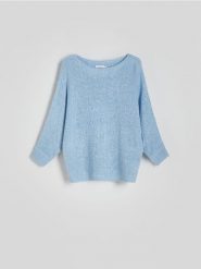 Sweter kimono - jasnoniebieski. Niebieskie swetry nierozpinane damskie Reserved, l, bez wzorów, z dzianiny, bez kołnierzyka, bez ramiączek. W wyprzedaży za 39.99 zł.