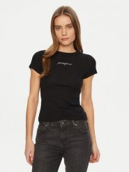 Guess Jeans T-Shirt W5RI57 KA0H1 Czarny Slim Fit. Czarne t-shirty damskie Guess Jeans, l, z aplikacjami, z bawełny, bez kołnierzyka, bez ramiączek. Za 99.99 zł.
