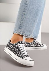 Czarne Casualowe Trampki w Kwiatki Foleriella. Czarne obuwie sportowe damskie Renee, bez wzorów, z jeansu, bez zapięcia, trekkingowe. Za 49.99 zł.