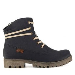 Trzewiki Rieker. Niebieskie botki damskie Rieker, bez wzorów, bez obcasa, na płaskiej podeszwie, bez zapięcia. Za 265.99 zł.