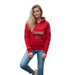 Bluza turystyczna damska Geographical Norway Gymclass. Czerwone bluzy damskie Geographical Norway, l, bez wzorów, z poliesteru, bez ramiączek, z kapturem. W wyprzedaży za 181.00 zł.