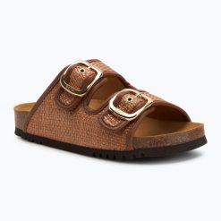 Klapki damskie Scholl Noelle Raffia. Brązowe klapki damskie Scholl, bez wzorów, z materiału, biznesowe, bez obcasa, bez zapięcia. Za 269.99 zł.