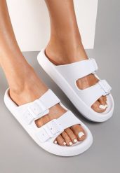 Białe Klapki Galomela. Białe klapki damskie Renee, na lato, bez wzorów, z gumy, bez obcasa, na płaskiej podeszwie, bez zapięcia. Za 49.99 zł.