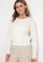 Biały Kardigan z Wełną na Guziki Cornelira. Białe kardigany damskie Born2be, bez wzorów, z bawełny, eleganckie, bez kołnierzyka. Za 149.99 zł.