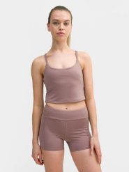 4F Crop top do jogi i pilatesu z materiałów z recyklingu damski L. Brązowe topy damskie 4F, l, bez wzorów, z materiału, bez kołnierzyka, bez ramiączek. W wyprzedaży za 29.99 zł.