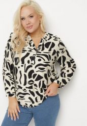 Jasnobeżowa Koszula z Wiskozą Zdobiona Geometrycznym Wzorem Melivis. Brązowe koszule damskie Born2be, plus size, z aplikacjami, z jeansu, eleganckie, bez kołnierzyka, bez ramiączek. Za 69.99 zł.