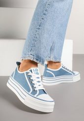 Jasnoniebieskie Trampki na Platformie Ozdobione Cyrkoniami Arenoria. Niebieskie trampki i tenisówki damskie Renee, bez wzorów, z jeansu, bez zapięcia. Za 74.99 zł.