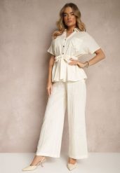 Jasnobeżowy Komplet z Wiskozy o Kroju Oversize Spodnie i Koszula z Paskiem Normell. Brązowe koszule damskie Renee, l, bez wzorów, z tkaniny, eleganckie, bez kołnierzyka, bez ramiączek. Za 209.99 zł.